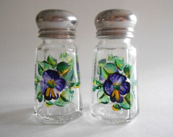 Hand Painted Purple Pansy Salt & Pepper Shakers:  Small Clear Glass Jars