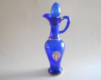Vintage Avon Cobalt Blue Glass Decanter with Stopper, Floral Design