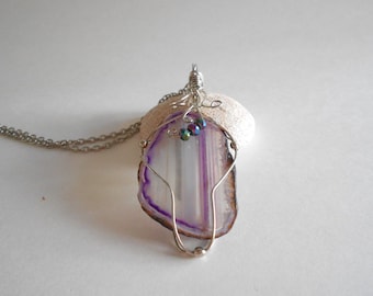 Wire Wrapped Purple Agate Slice Pendant Necklace, Silver Tone Chain