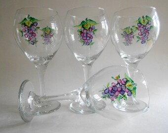Hand Painted Purple and Pure Magenta Grapes Wine Glasses, Set of 4