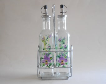 Hand Painted Purple Pansies Oil & Vinegar Dispensers:  Chrome Caddy, Clear Glass Bottles