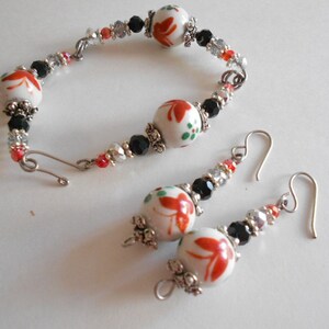 Jewelry Set White Beads Bracelet White Beads Earrings Porcelain Beads China Crystal Beads Wired Sections Oriental Design Butterfly Beads
