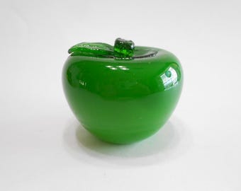 Vintage Green Art Glass Apple, 1990s Home Decor