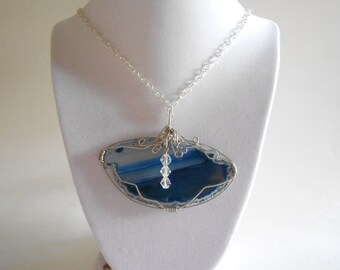 Blue Agate Slice Pendant Necklace:  Wire Wrapped, Silver Tone Chain