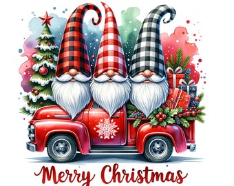 May include: Three gnomes in red and black plaid hats are riding in a red pickup truck with a Christmas tree and presents in the back. The truck has a snowflake design on the side and the words "Merry Christmas" are written below the truck.