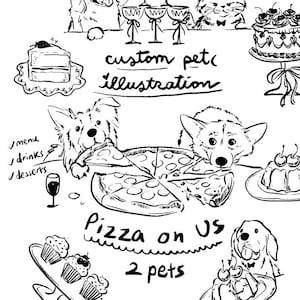 2 Husdjur Anpassad Handritad Husdjursillustration för Bröllop, Servetter och Barskylt, Efterrättsbar, Bröllopsfestdekor (Digital Nedladdning)