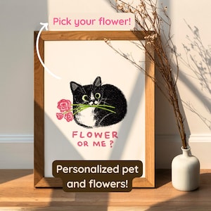 Retrato de animal de estimação personalizado para namorados florais, pôster de gato fofo com flores, mãe de cachorro e gato mal desenhada personalizada, arte de parede para decoração de animais de estimação, perda de animais de estimação