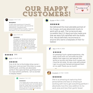 Pu&ograve; includere: Un collage di recensioni dei clienti per un'artista di ritratti di animali domestici. Le recensioni sono positive e mettono in evidenza la velocit&agrave; dell'artista, la sua attenzione ai dettagli e la sua capacit&agrave; di catturare le personalit&agrave; degli animali domestici. Le recensioni sono visualizzate su uno sfondo beige chiaro con un bordo bianco.
