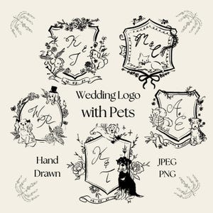 May include: A selection of hand-drawn wedding logos featuring pets, including dogs and cats, set within floral frames and crests. The image also includes the text "Wedding Logo with Pets", "Hand Drawn", "JPEG", and "PNG".