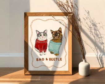 Custom Cat Portrait Cute Cat Poster Personalized Badly Drawn Pet Cat Lover Gift Pet Caricature Cat Wall Art Pet Loss Gift Draw from Photo