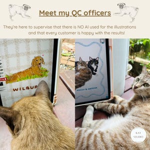 May include: A digital tablet displaying a custom illustration of a golden dog named Wilbur, alongside a second tablet showing an illustration of two cats labeled Mochi & Matcha. The text reads Meet my QC officers and explains no AI is used.
