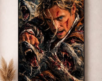 May include: A framed print depicts a dramatic scene of a man fighting off wolves. The man has blonde hair and blue eyes, with blood on his face and hands. The wolves are snarling, with sharp teeth. The artwork is dark and intense.