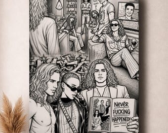 May include: A black and white illustration featuring multiple figures with long hair in various settings, including a bar and a living room. One figure holds an open book with the text "NEVER FUCKING HAPPENED!" printed clearly on the page.
