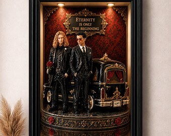 May include: A framed 3D diorama featuring two figures in black suits standing before a black hearse. One figure has long blonde hair and holds a red rose. The other wears dark glasses. A sign above reads ETERNITY IS ONLY THE BEGINNING.