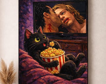 May include: A black cat with yellow eyes reclines on a purple surface, holding a popcorn bucket with the word "LESTAT" on it. Above, a TV screen shows two men in a romantic embrace. The artwork has a painterly style.