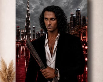 May include: A wall art print featuring a person with dark curly hair wearing a black blazer and white shirt, holding a large weathered machete. The background displays a nighttime cityscape with a tall skyscraper and red reflections on water.