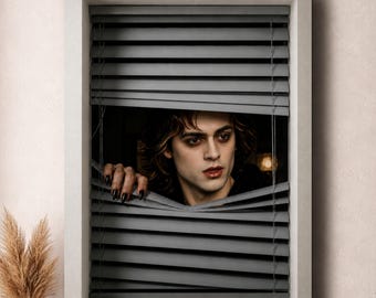 May include: A rectangular window with grey horizontal blinds partially opened. A person with shoulder-length wavy brown hair, dark eye makeup, and dark fingernails is peering through the gap in the blinds, looking toward the right side.