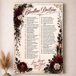 May include: A decorative poster with the text "Bloodline Doctrine" in elegant script, surrounded by floral accents of red and white roses. The poster includes a list of 50 principles and the phrase "Love Always, Your Blood."