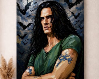 May include: A canvas print featuring a portrait of a person with long black hair, wearing a green shirt, and tattoos on their arms. The background depicts a night sky with bats and a full moon, creating a gothic theme.