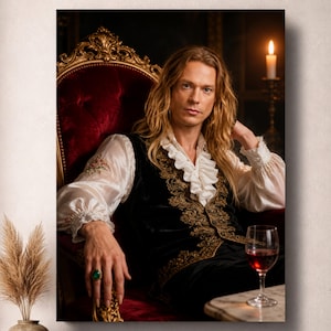 May include: A portrait of a person in a black velvet vest with gold embroidery, a white ruffled shirt, and a large green ring. The person is seated in a red velvet chair with gold trim, holding a glass of red wine.