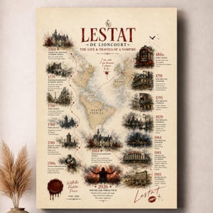May include: A vintage-style poster titled LESTAT DE LIONCOURT THE LIFE & TRAVELS OF A VAMPIRE, featuring a world map with illustrated landmarks, dates, and text detailing historical events from 1760 to 2026, accented with a red wax seal.