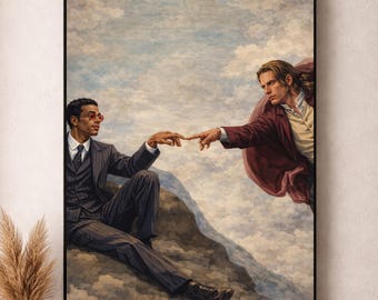 May include: A framed art print depicting a modern interpretation of Michelangelo's 'The Creation of Adam'. Two figures in suits reach out to touch fingers against a cloudy sky backdrop. One figure wears red-tinted glasses.