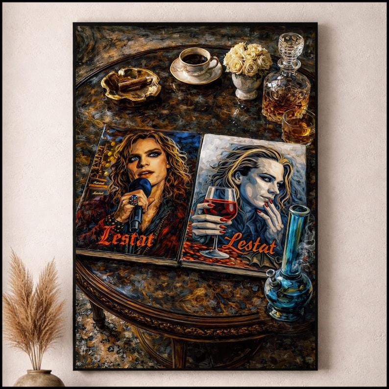 May include: A framed artwork featuring two magazine covers with the title "Lestat". One cover shows a person with a microphone, the other with a glass of red wine. A coffee cup, flowers, and a decanter are on the table.