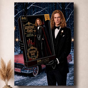 May include: A person with long wavy hair wearing a black tuxedo and bowtie holds a large rectangular Barbie Collector Black Label box. The box features a Lestat doll in a black cape, red candles, and text reading Lestat Day Celebrate the Eternal Legend.