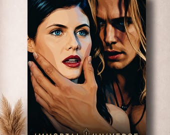 May include: A rectangular wall art print featuring a stylized illustration of a dark-haired person with blue eyes and a blonde-haired person. A hand touches the dark-haired person's face. The text IMMORTAL UNIVERSE is printed at the bottom.