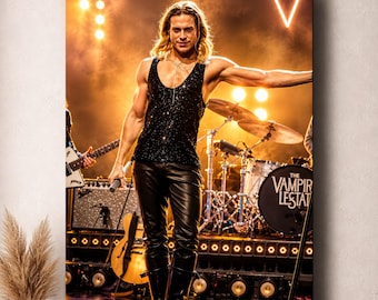 May include: A poster featuring a performer with long blonde hair wearing a black sequined tank top and black leather pants on a stage. The background shows musical instruments, including a drum set with the text The Vampire Lestat on it.