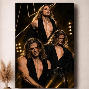 May include: A vertical poster featuring three identical figures with long wavy hair, wearing black sleeveless vests and black leather pants. Each figure has a thin silver necklace and visible red markings on their chest against a dark background.