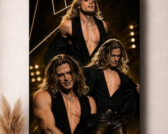 May include: A vertical poster featuring three identical figures with long wavy hair, wearing black sleeveless vests and black leather pants. Each figure has a thin silver necklace and visible red markings on their chest against a dark background.