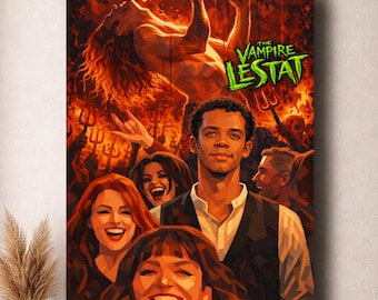 May include: A rectangular wall art print featuring a stylized illustration of a crowd at a concert. The text THE VAMPIRE LESTAT appears in bright green. The scene is dominated by warm orange and red tones, depicting figures with joyful expressions.