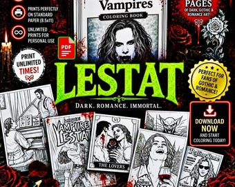 May include: A digital download coloring book titled "Interview With Vampires" featuring Lestat. The cover art shows a vampire with long hair. The image includes coloring pages, text that says "42 pages of dark, gothic & romance art!" and "Download Now".