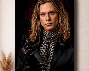 May include: A portrait of a person with long blonde hair wearing a black satin shirt, a black and white checkered cravat with a red gemstone brooch, and black lace gloves. The person holds a dagger against a dark background with red roses.