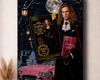 May include: A poster featuring a long-haired figure in a black cape and ruffled shirt holding a book titled Interview with the Vampire. A pink vintage convertible sits before a snowy street with streetlamps and a full moon. A box reads Lestat Day.