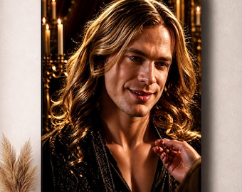 May include: A portrait of a person with long, wavy, golden-brown hair and a light complexion, wearing a dark, textured, V-neck garment. The person has a subtle smile and is positioned in a dimly lit setting with warm, glowing candlelight.