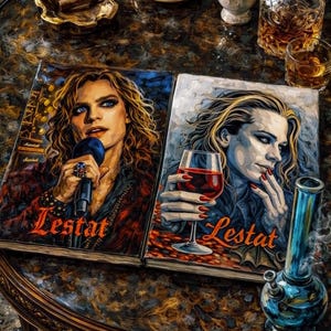 May include: Two open books with the title "Lestat" on the covers. One book features a person holding a microphone, the other a person with a glass of red wine. A blue bong is next to the second book. A cup of coffee, flowers, and liquor are on the table.