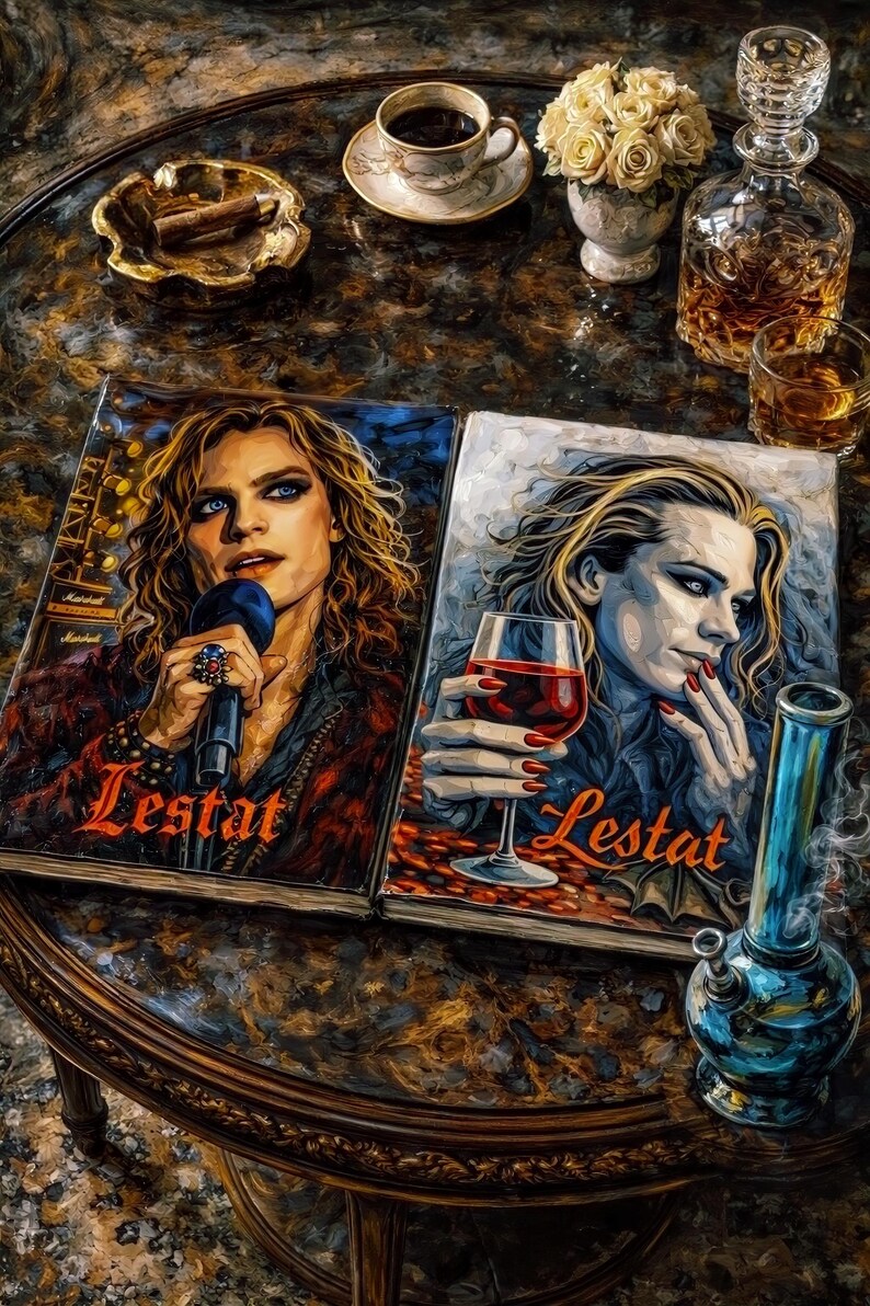 May include: Two open books with the title "Lestat" on the covers. One book features a person holding a microphone, the other a person with a glass of red wine. A blue bong is next to the second book. A cup of coffee, flowers, and liquor are on the table.