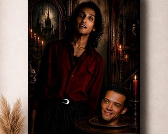 May include: A vertical wall art print featuring a person with dark curly hair wearing a deep red button-down shirt and black trousers, standing beside a table where a second person's head rests on a plate, illuminated by candlelight.