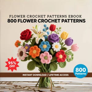 800 bloemen boeket gehaakt patroon bundel: digitaal, freesia, zonnebloem, roos, tulp, madeliefje, Moederdag, afstuderen