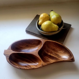 Cuenco decorativo de madera con forma de hoja, de tres secciones, modelo Monkey Pod, de estilo vintage.