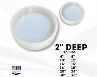 May include: Two white silicone moulds for making round cakes or other desserts. The larger mould is 30 inches in diameter and the smaller mould is 8 inches in diameter. Both moulds are 2 inches deep. The moulds are made in the USA.