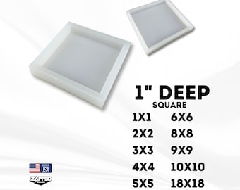 May include: Two white square molds with 1-inch depth are displayed. The text "1" DEEP SQUARE" is visible, along with size options like 1X1, 2X2, 3X3, 4X4, 5X5, 6X6, 8X8, 9X9, 10X10, and 18X18. The "MADE IN USA" logo is also present.