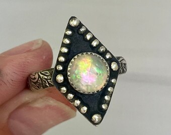 Size 10.5  Aurora Opal and Quartz Doublet Ring in Sterling Silver