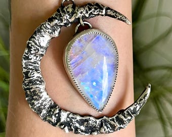 XL 2,25-inch gesmolten maan-ketting in sterlingzilver met maansteen met koperen achterkant