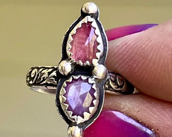 Size 4 Faceted Star Sapphire with Pink Tourmaline Ring in Sterling Silver