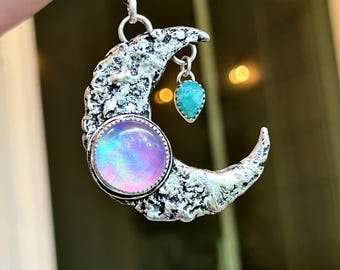 Molten Moon with Aurora Opal and Quartz Doublet and Faceted Amazonite Drop Necklace in Sterling Silver