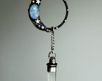 Rainbow Moonstone with Quartz Necklace in Sterling Silver