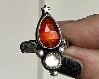 Fits 6 Faceted Hessonite Garnet and Clear Quartz Ring in Sterling Silver